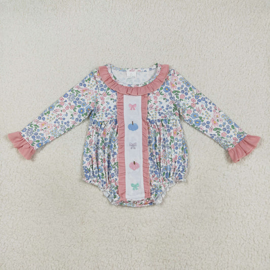 LR2273 Girls Boutique  Embroidered Pumpkin Bows Pink Blue Ruffle Long Sleeve Romper 202507 RTS