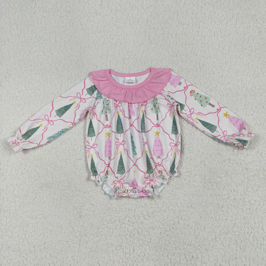 LR2275 Christmas Santa Tree Bows Pink Ruffle Long Sleeve Bubble Romper Baby Girls Boutique Pajamas 202506 RTS