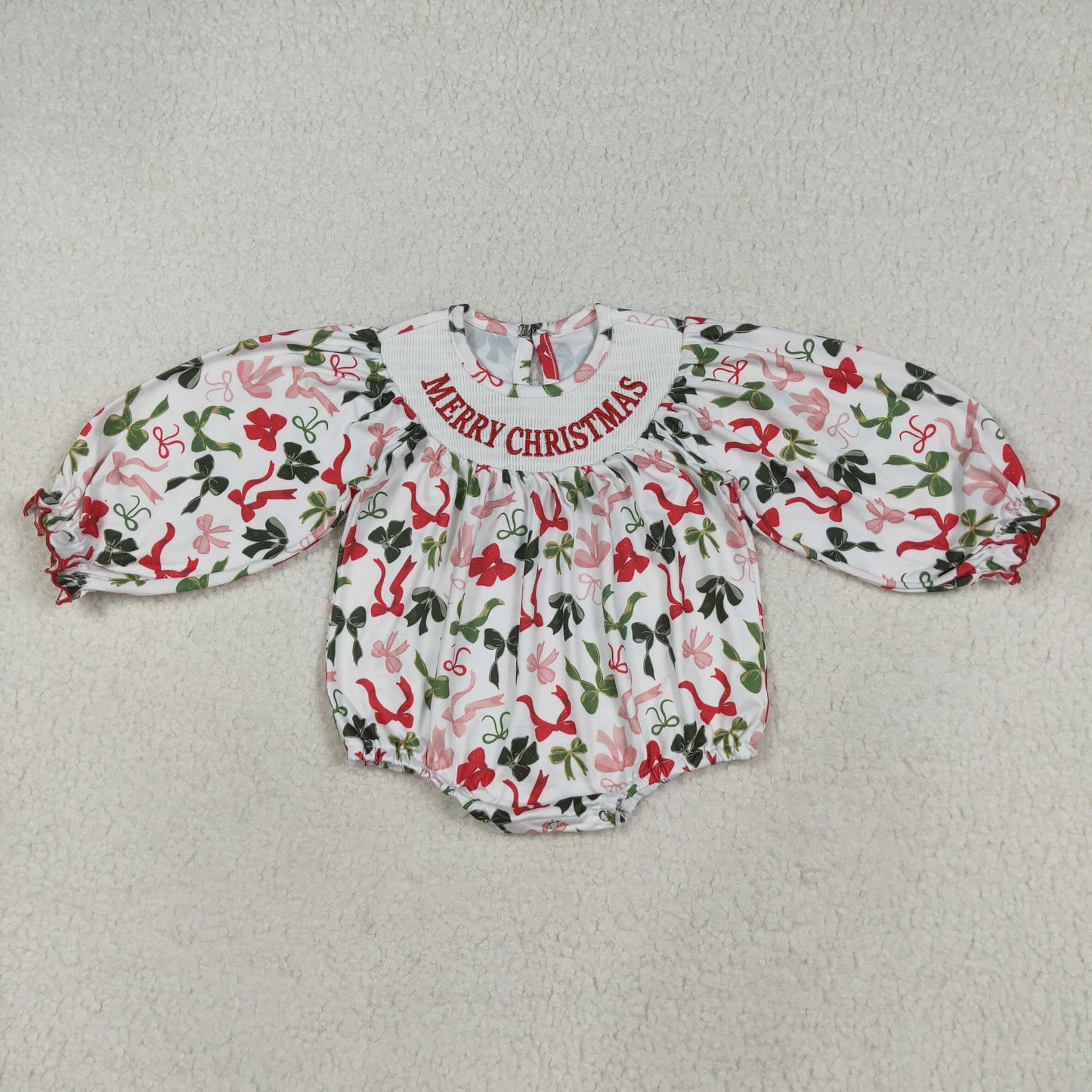 LR2276 smocked Merry Christmas Bows Ruffle Long Sleeve Girls Bubble Romper 202507 RTS