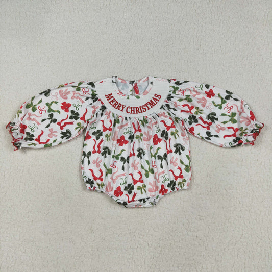LR2276 smocked Merry Christmas Bows Ruffle Long Sleeve Girls Bubble Romper 202507 RTS