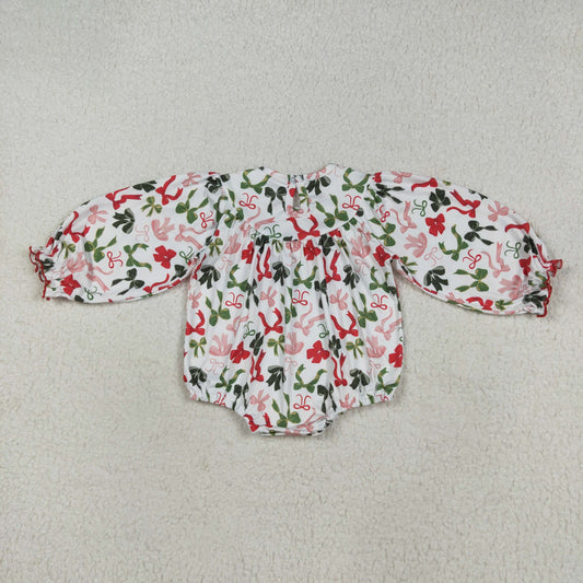 LR2276 smocked Merry Christmas Bows Ruffle Long Sleeve Girls Bubble Romper 202507 RTS