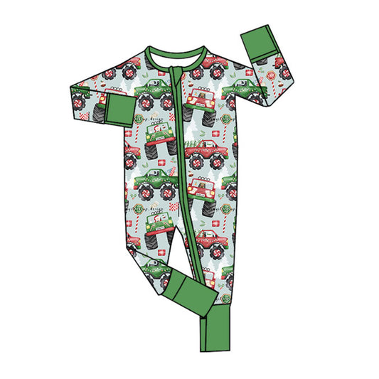 Preorder LR2279  Christmas Trucks Green Zippy Long Sleeve Romper Baby Boys Boutique Pajamas 202505