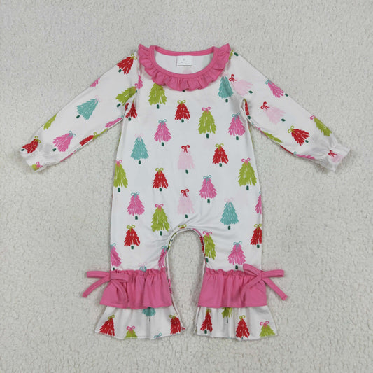 LR2280 Christmas Santa Tree Rose Red Ruffle Long Sleeve Romper Baby Girls Boutique Pajamas 202506 RTS