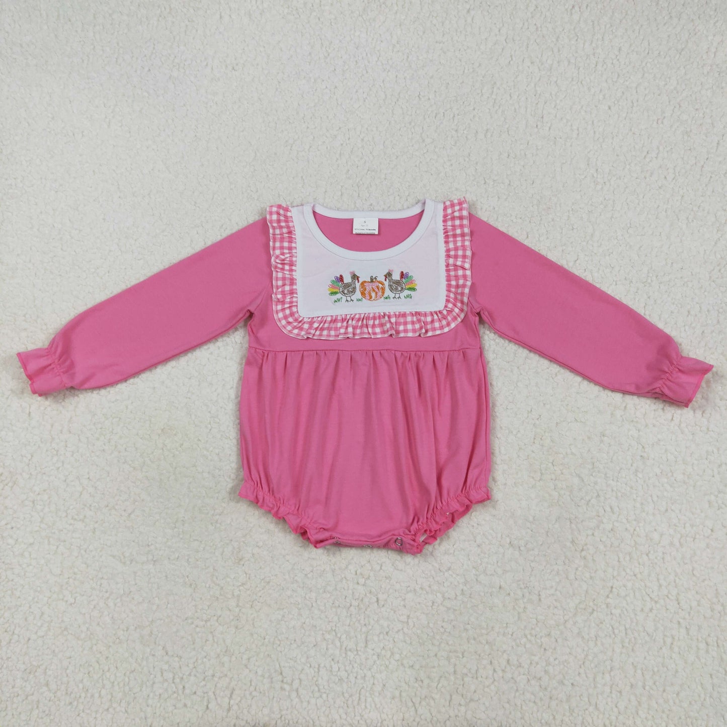 LR2287 Girls Boutique Embroidered Pink Plaid Ruffle Long Sleeve Bubble Romper 202507 RTS