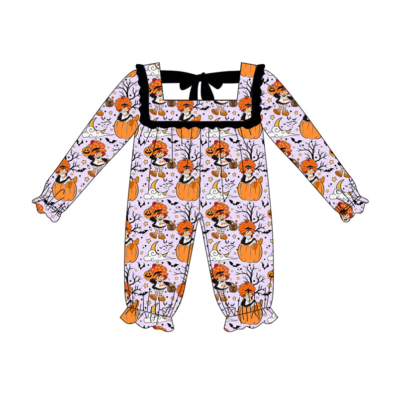 Preorder LR2290 Girls Boutique Boo Pumpkin Cartoon Black Purple Ruffle Long Sleeve  Romper 202506