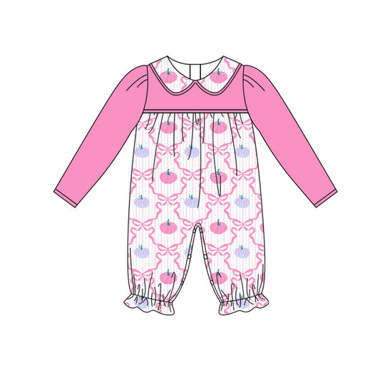 Preorder LR2296 Girls Boutique Pumpkin Bows Pink Long Sleeve Romper 202506