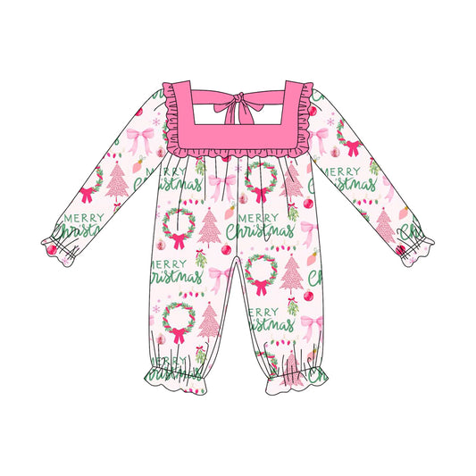 Preorder LR2297 Merry Christmas Girls Boutique Pink Ruffle Long Sleeve Romper 202506