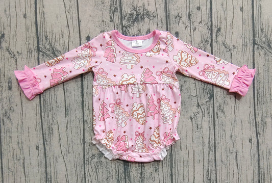 LR2301 Girls Boutique Santa Tree Bows Pink Long Sleeve Bubble Romper 202509 RTS