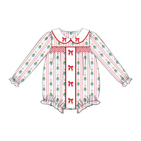 Preorder LR2303 Girls Boutique Santa Tree Red Bows Doll Collar Long Sleeve Bubble Romper 202506