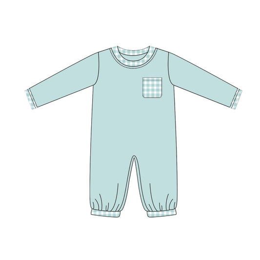 Preorder LR2309 Boys Boutique Blue Green Plaid Pocket Long Sleeve Romper 202506