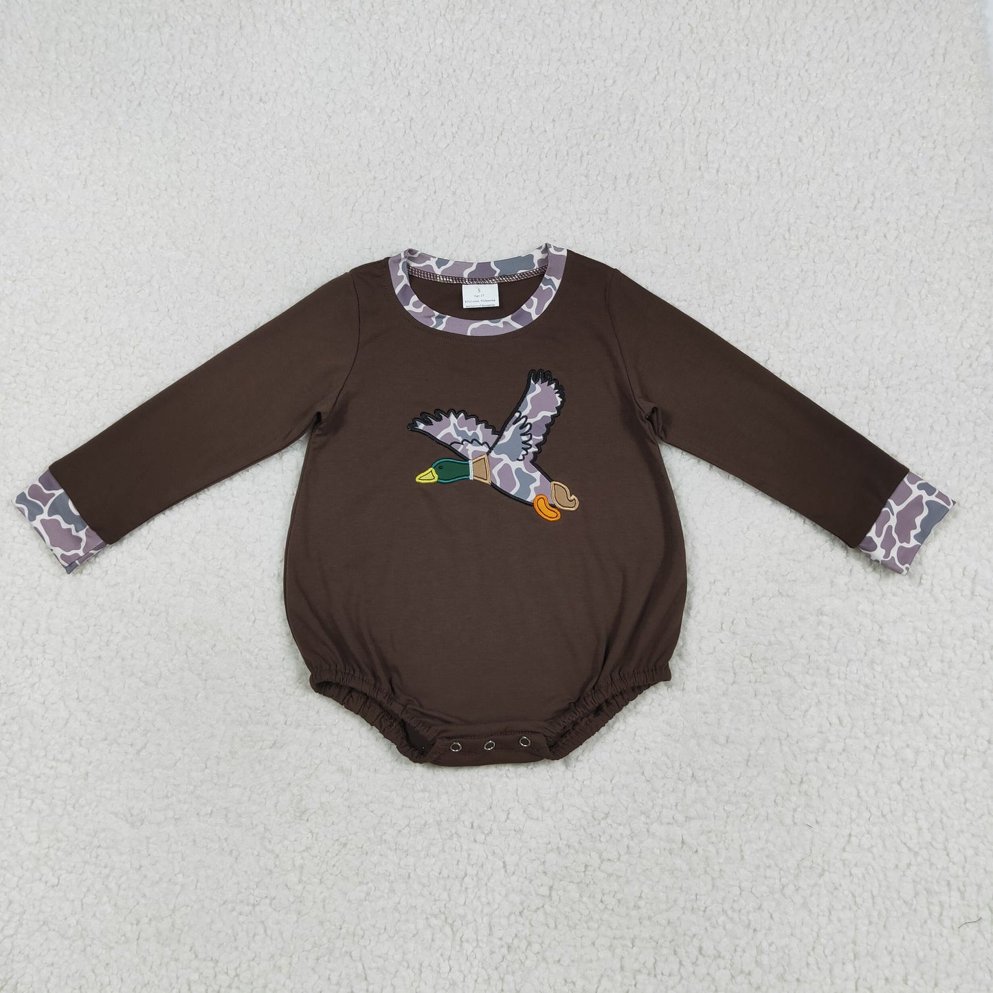 LR2310 Boys Boutique Embroidered Duck Hunting Brown Long Sleeve Bubble Romper 202507 RTS