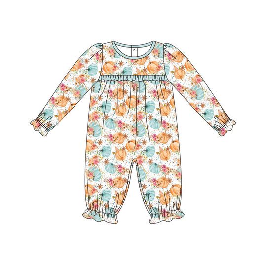Preorder LR2313 Girls Boutique Pumpkin Flower Blue Green Ruffle Long Sleeve Romper 202506