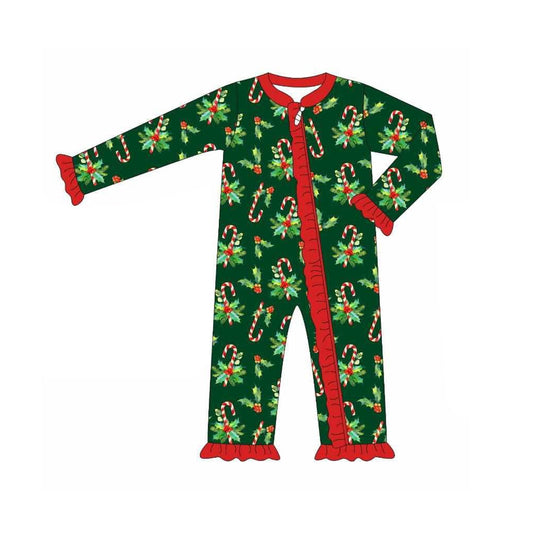 Preorder LR2316 Girls Boutique Christmas Leaf Cane Red Ruffle Green Zippy Long Sleeve Romper 202506