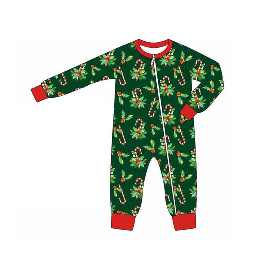 Preorder LR2317 Boys Boutique Christmas Leaf Cane Red Green Zippy Long Sleeve Romper 202506