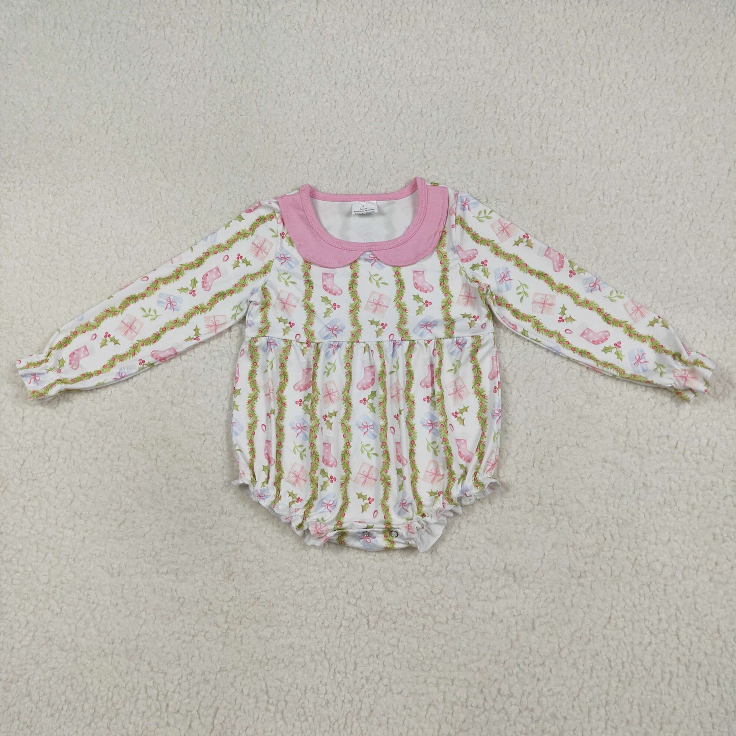 LR2324 Girls Boutique Christmas Pink Doll Collar Long Sleeve Bubble Romper 202507 RTS