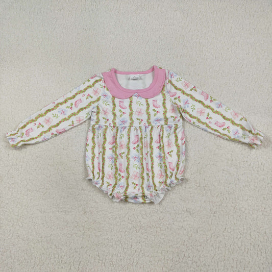 LR2324 Girls Boutique Christmas Pink Doll Collar Long Sleeve Bubble Romper 202507 RTS