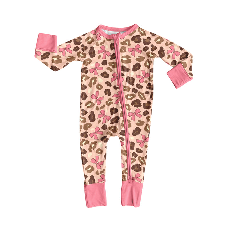 Preorder LR2326 Girls Boutique Pink Bows Brown Leopard Zippy Long Sleeve  Romper 202506