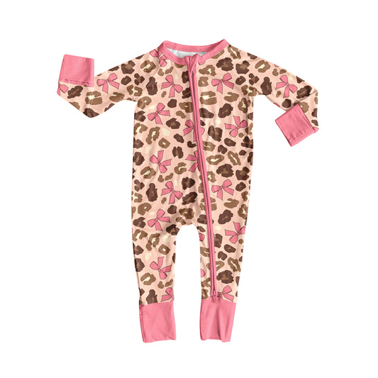 Preorder LR2326 Girls Boutique Pink Bows Brown Leopard Zippy Long Sleeve  Romper 202506