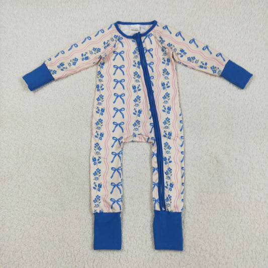 LR2327 Girls Boutique Blue Pink Bows Flower Zippy Long Sleeve Romper 202507 RTS