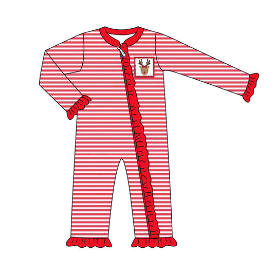 Preorder LR2329 Girls Boutique Christmas Elk Red Ruffle Zippy Stripe Long Sleeve Romper 202506