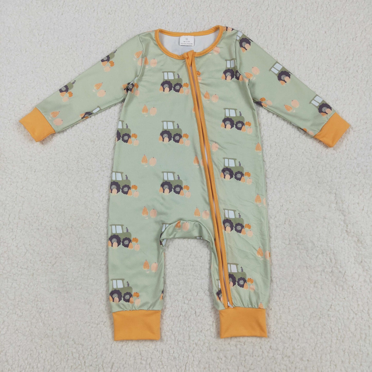LR2335 Boys Boutique Trucks Pumpkin Orange Green Zippy Long Sleeve  Romper 202507 RTS