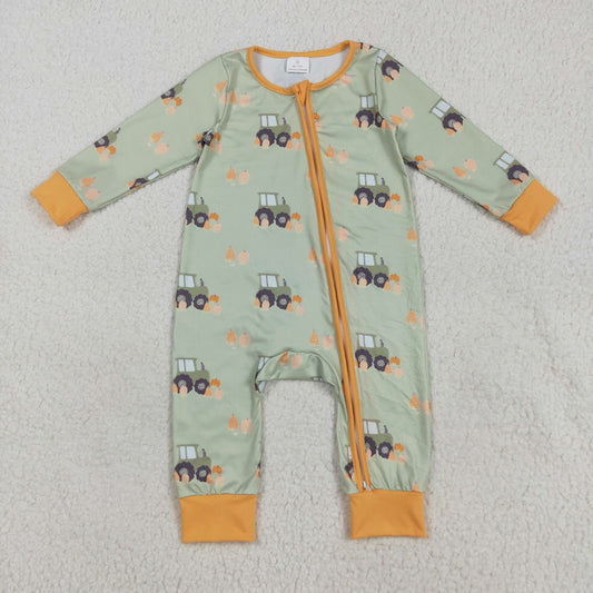 LR2335 Boys Boutique Trucks Pumpkin Orange Green Zippy Long Sleeve  Romper 202507 RTS