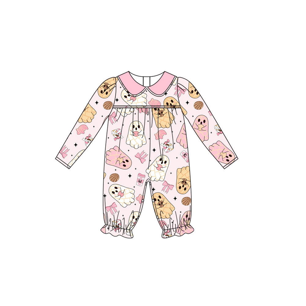 Preorder LR2337 Girls Boutique Halloween Ghost Pink Doll Collar Long Sleeve  Romper 202506