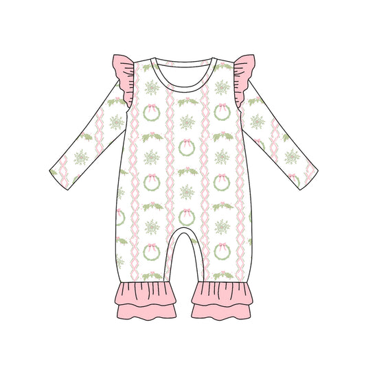 Preorder LR2339 Girls Boutique Flower Pink Ruffle Long Sleeve  Romper 202506