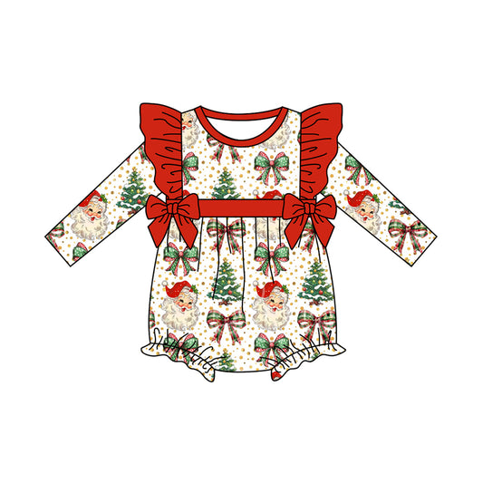 Preorder LR2343 Girls Boutique Christmas Red Ruffle Bows Long Sleeve Bubble Romper 202506