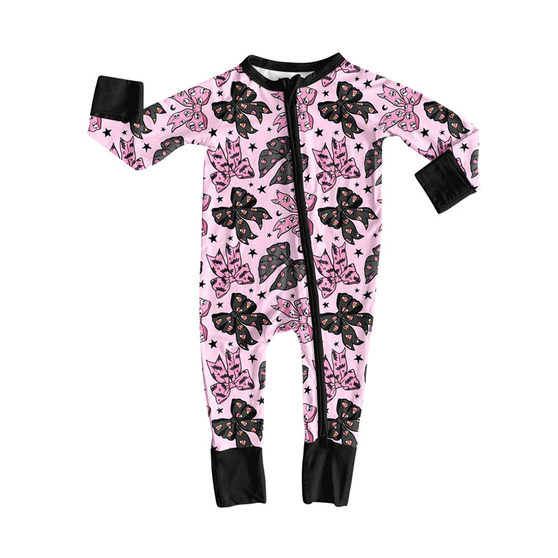 Preorder LR2345 Girls Boutique Bows Black Pink Zippy Long Sleeve  Romper 202506