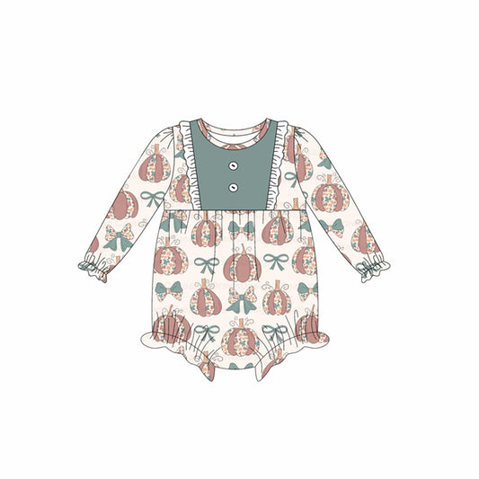 Preorder LR2346 Girls Boutique Pumpkin Bows Gray Green Long Sleeve Bubble Romper 202506