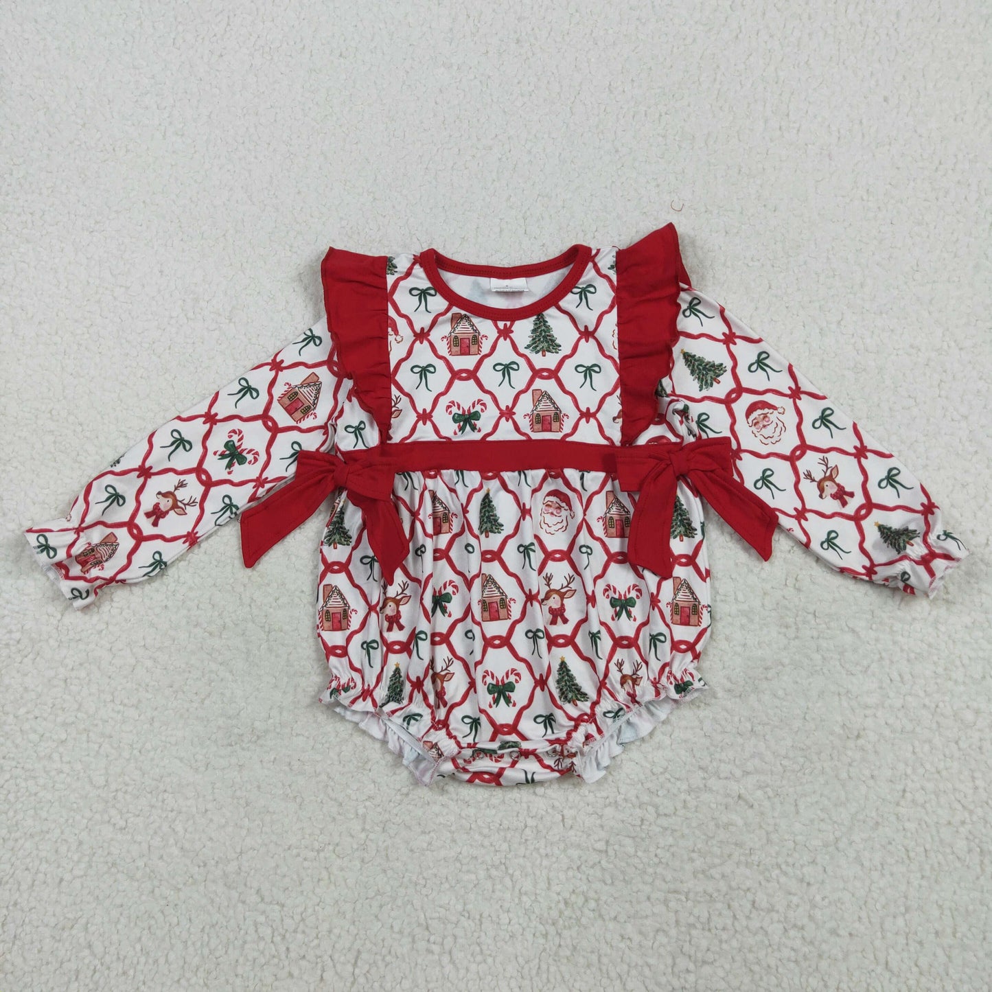 LR2352 Girls Boutique Santa Claus Bows Plaid Red Ruffle  Long Sleeve Bubble Romper 202507 RTS