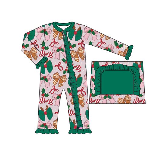 Preorder LR2353 Girls Boutique Christmas Bows Green Ruffle Zippy Long Sleeve Romper 202506