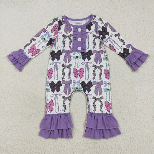 LR2355 Girls Boutique Bows Purple Ruffle Long Sleeve Romper 202507 RTS