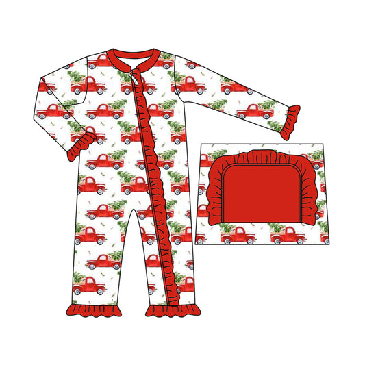 Preorder LR2356 Girls Boutique Christmas Trucks Tree Red Ruffle Zippy Long Sleeve Romper 202506