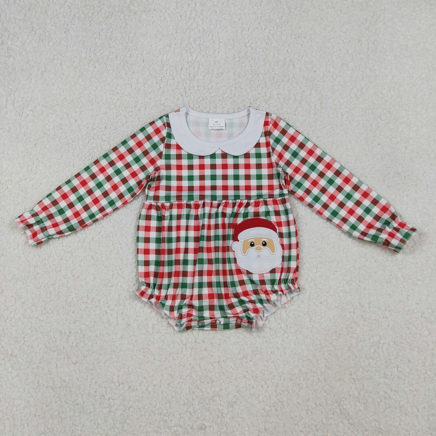 LR2357 Girls Boutique Embroidery Christmas Red Green Plaid Doll Collar Long Sleeve Bubble Romper 202510 RTS