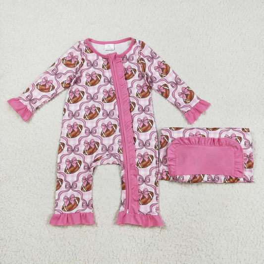 LR2361 Girls Boutique Rugby Bow Pink Plaid Ruffle Zippy Long Sleeve Romper 202508 RTS