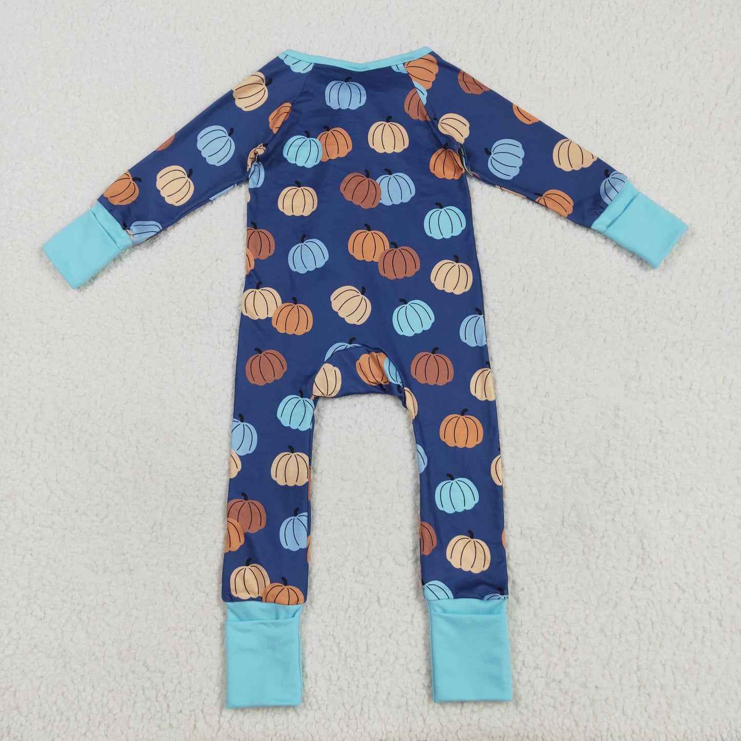 LR2364 Boys Boutique Halloween Pumpkin Blue Zippy Long Sleeve Romper 202507 RTS