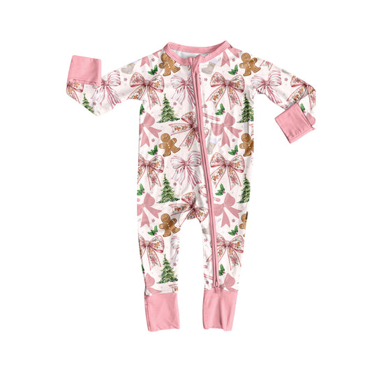 Preorder LR2368 Girls Boutique Christmas Gingerbread Man Bows Pink Zippy Long Sleeve Romper 202506