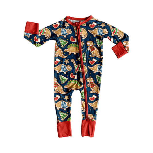 Preorder LR2369 Boys Boutique Christmas Dinosaur Navy Blue Red Zippy Long Sleeve Romper 202506