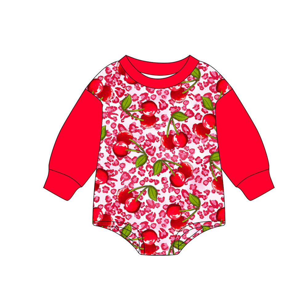 Preorder LR2370 Girls Boutique Cherry Leopard Red Long Sleeve Bubble Romper 202506