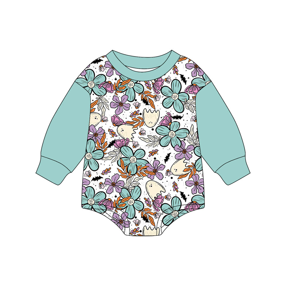 Preorder LR2371 Girls Boutique Halloween Ghost Flower Teal Long Sleeve Bubble Romper 202506