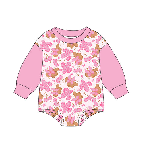 Preorder LR2372 Girls Boutique Cactus Cherry Bow Pattern Cowboy Hat Pink Long Sleeve Bubble Romper 202506