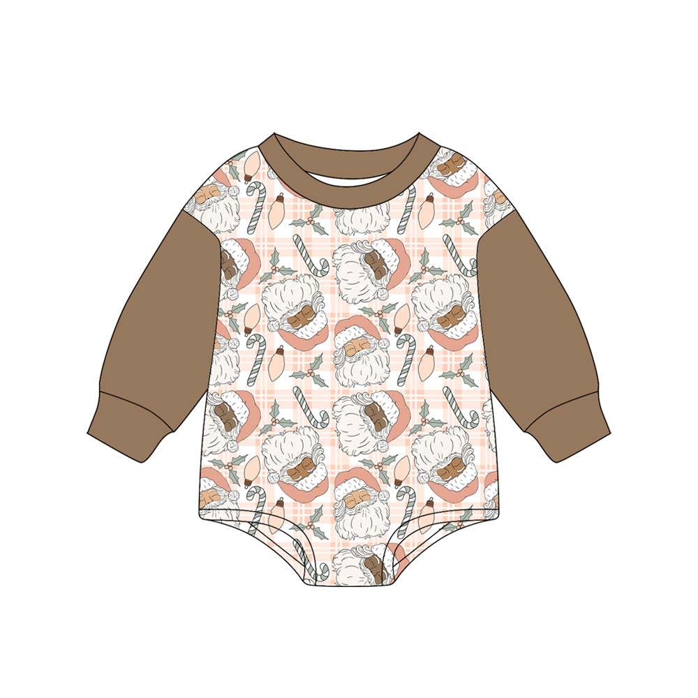 Preorder LR2373 Girls Boutique Santa Cane Plaid Brown Long Sleeve Bubble Romper 202506