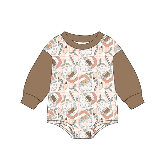 Preorder LR2373 Girls Boutique Santa Cane Plaid Brown Long Sleeve Bubble Romper 202506