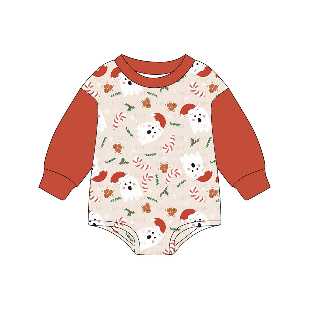 Preorder LR2374 Girls Boutique Christmas Ghost Gingerbread Man Red Long Sleeve Bubble Romper 202506