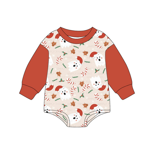 Preorder LR2374 Girls Boutique Christmas Ghost Gingerbread Man Red Long Sleeve Bubble Romper 202506
