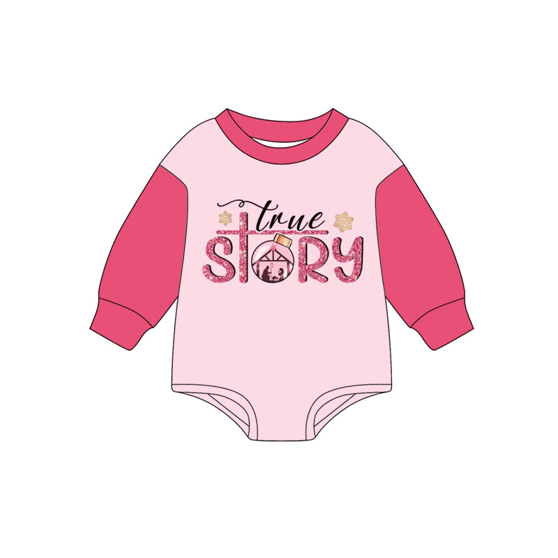 Preorder LR2381 Girls Boutique story Jesus Christmas Pink Long Sleeve Bubble Romper 202506