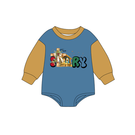 Preorder LR2382 Girls Boutique story Jesus Christmas Blue Long Sleeve Bubble Romper 202506
