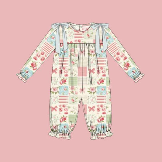 Preorder LR2385 Sweeter Girls Boutique Flower Plaid Ruffle Long Sleeve Romper 202507
